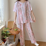 Pbong  Summer New Arrived Retro Pajamas Women Floral Printing Night Suit Female Short Sleeve Sleepwear For Sleeping Pyjama Night Wear