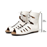 Pbong  White Hollow-Out Lace-Up Roman Sandals for Women, Summer New Open-Toe Flat Shoes with Hidden Height, High-Top Vacation-Style