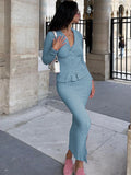 Fashion Patchwork 2 Piece-Set Maxi Skirt Ladies Slim Long Sleeve Cardigan And Long Skirt Sets Streetwear Autumn Outfits