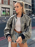 Women Fashion Solid Leather Zip Up Jackets Autumn Winter O Oeck Long Sleeve Streetwear Coat 2023 Ladies Causal Loose Tops