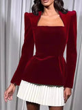 Women Velvet Patchwork Pleated Mini Dress Fashion Ruffled Skirt Long Sleeve Square Neck Tops 2 Pieces Elegant Party Prom Gown