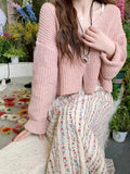 Pink Knitted Cardigan for Women Long Sleeve V-neck with Invisible Button Front Sweater Jacket Teen-girl Fall Winter Cute Outfit