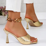 Pbong  Luxury Gold Silver High Heels Sandals Women Slip On Square Toe Summer Slippers Woman Plus Size 43 Thin Heeled Party Shoes