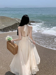 Summer Sleeveless Halter Long White Maxi Dress Elegant Tight Waist V-neck Beach Dress Robes Du Soir Evening Dresses Wedding Prom