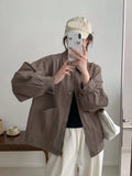 Fall Women Cargo Jacket Loose Preppy Style Long Sleeve Vintage Coat Casual Big Pockets American Retro Solid Bf Outwear Tops