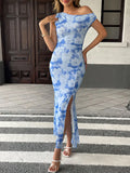 Summer New Women's Maxi Dresses Streetwear Fashion Print Split Casual Slim Dress Sexy Club Party Knitted Female Dresses Clothing