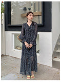 Korean Floral Print Sweet Long Dress 2025 New V-neck Ruffle Chic Spring Dress Lantern Sleeve Slit Fashion Vacation Summer Dress