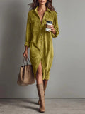 Pbong  New Fall Retro Solid Ribbed Corduroy Dress Woman Elegant Single Breasted Lapel Shirt Dresses Long Sleeve Slit Clothing