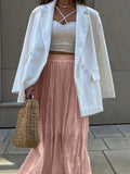 Crinkle Pleated Midi Skirts for Women Summer Clothes Elastic High Wasit A Line Fashion Skirt Female Vintage Elegant Long Skirt