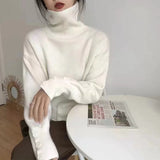 Turtleneck Sweater with Buttons Decor Funnel Neck Pullovers Grey Jumper for Women Ladies Cosy Autumn Winter Casual Outfit