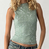 Silver Foil Print Tank Tops Summer Sleeveless Bodycon Shirt Vest Ladies O Neck Slim Fit Crop Tops Women Casual Going Out Clothes