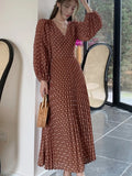 Woman Vintage Polka Dot Long Dresses Elegant V-Neck Slim Lantern Sleeve Dress Holiday Prom Evening Female Clothing Outfits New