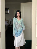 Gradient Fall 2025 Fashion Woman Oversize Graphic T Shirts Long Sleeve Top Cowls Blue Tee Autumn Streetwear Clothing