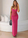 Halter Backless Sexy Maxi Dress Women Gown Mesh Patchwork Sleeveless High Waist Slim Elegant Long Dress Fashion