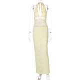 Splice Mesh See Through Long Dress Female Fashion Sexy Backless Deep V neck Elegant Banquet Dress High Street Lace Up