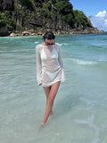 Thin Transparent Knit Tight Short Dress Sexy Backless Bikini Swimsui Cover-ups 2025 New Long Sleeve O-neck Sheer Summer Dress