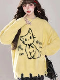 Kawaii Hole Sweet Sweaters Women Vintage Faux Mink Cashmere Cartoon Knitted Jumper Preppy Style Cute Japan Lazy Wind Tops