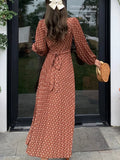 Woman Vintage Polka Dot Long Dresses Elegant V-Neck Slim Lantern Sleeve Dress Holiday Prom Evening Female Clothing Outfits New