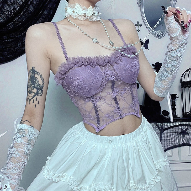 Gothic Lace See Through Corset Tank Women Tube Tops Camisole Purple Cropped Top Sexy Vintage Aesthetic Skinny Vest