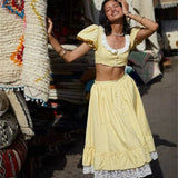 French Lace Patchwork Square Collar Top And Long Skirt Women Set Yellow Plaid Puff Sleeve T-shirt + Skirts Sweet Summer Outfits