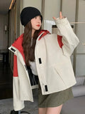 Vintage Patchwork Cargo Jacket Women Loose Preppy Style Long Sleeve Sweet Coat Casual Fall Female Retro All Match New Tops