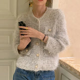 Vintage Temperament Bead Sweater Women Autumn Winter Tops O Neck Knitting Cropped Cardigan Korean Fashion Suéteres