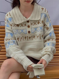 Retro Women Print Sweater Casual Korean Lazy Wind Sweet Knitted Jumpers Fall Winter Lady Long Sleeve Vintage Soft Pullover
