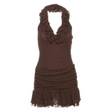 Pbong  Sexy Deep V-Neck Halter Mini Dress Women Summer New Backless Skinny Ruffled Vestidos New Vacation Vogue Solid Lace Dress