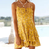 Pbong  Floral Printed Mini Dress Yellow Ruffles Summer Sundress Tiered Vintage Chic Backless Beach Dresses Ladies Vestidos