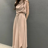 Pbong  Temperament Fashion Summer Elegant Pile Collar Sleeveless Tank Dress Women Solid Patchwork Bandage Slim A-line Length Dresses