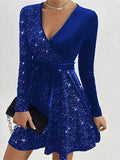 Pbong  Women's V-neck Sexy Long Sleeved Sequined Solid Color Dress High Street Fashion Elegant Party Evening Dresses