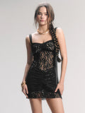 Lace See Through Sexy Mini Dress For Women Robe Spaghetti Strap Square Collar Sleeveless Ruched Bodycon Club Dress