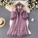 New Women Party Lace Flower Dress Gauze Lantern Sleeve Voile Long Dress Female Retro Hook Princess Dress 2 Piece Set
