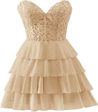 Pbong  Lace Tiered Chiffon Homecoming Dresses Strapless Corset Short Prom Dresses for Teens