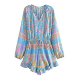 Pbong  Open Button V neck Flower Print Full Raglan Sleeve Bodysuits Women Elastic Bow Sashes Short Jumpsuits Romper Holiday