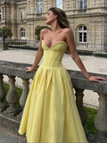 Women Elegant Yellow Pleated Evening Gowns Sleeveless Deep V Neck Off Shoulder Backless Long Dresses Lady Sexy Party Robes