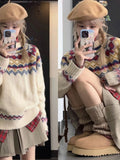 Lazy Style Pullovers Argyle Jacquard Contrast Color Autumn Winter Loose Sweater Y2k Harajuku Vintage Preppy  Women Clothing