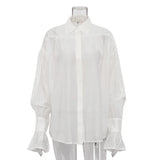 Casual Loose See-Through Shirts Women's Autumn Lapel Long Sleeve Patchwork Blouse Top Streetwear Female Solid Shirts Top