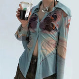 Vintage Printed Women Blouse Y2K Sexy Slim Long Sleeve Thin Tops Korean Streetwear Patchwork Chic Ladies Shirts New