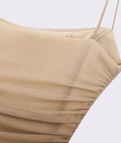 Women Fashion Printed Tulle Draped Midi Dress Sexy Straight Neck Thin Straps Female Dresses Vestidos Mujer