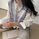 Checked Sweater Vest for Women Ovesized V-neck Sleeveless Pullover Knitted Vest Top Fall Winter Preppy Casual Chic Outfit
