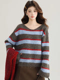 Korean Sweet Striped Sweater Women Sexy V Neck Vintage Knitted Jumper Casual Long Sleeve Female Lazy Wind Pullover Tops New