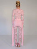 Sexy Lace Jumpsuit Women Sheer Lace Patchwork Long Sleeve Jumpsuits Female Elegant Draped Ruched Skinny Jumpsuit