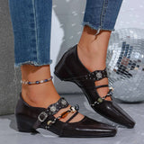 Pbong  British Vintage Beaded Mary Janes Shoes for Woman Spring Square Toe Metal Ankle Strap Pumps Woman Comfortable Heels Loafers