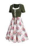 Colorblock Textured Lace Insert Floral Pattern Lace Up Vacation Faux Twinset Dress Short Sleeve High Waisted A Line 2 in Dress