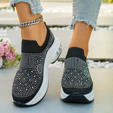 Women Wedges Sneakers Rhinestone Casual Sneakers Platform Round Toe Vulcanized Shoes Lightweight Slip on Women Shoes Plus Size