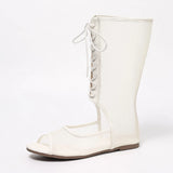 Pbong  Mesh Fishmouth Mid Calf Boots, Lace Up Open Toe Flat Booties, Summer Breathable Casual Shoes for Women