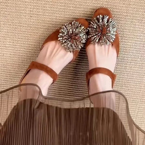 Pbong  Elegant Retro Firework Rhinestone Women's Sandals Fashionable Flat Heels Ultra-Soft Leather Inner Slip-On Summer Sandals