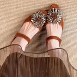 Pbong  Elegant Retro Firework Rhinestone Women's Sandals Fashionable Flat Heels Ultra-Soft Leather Inner Slip-On Summer Sandals