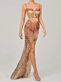 Leopard Print Lace Split Sexy Maxi Dress Women Gown Elegant Patchwork Chiffon Sleeveless Backless Beach Evening Dress